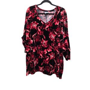 Catherines Plus Size 4X 30/32W Black & Red Floral Velvet Stretch Tunic Top V-Nec